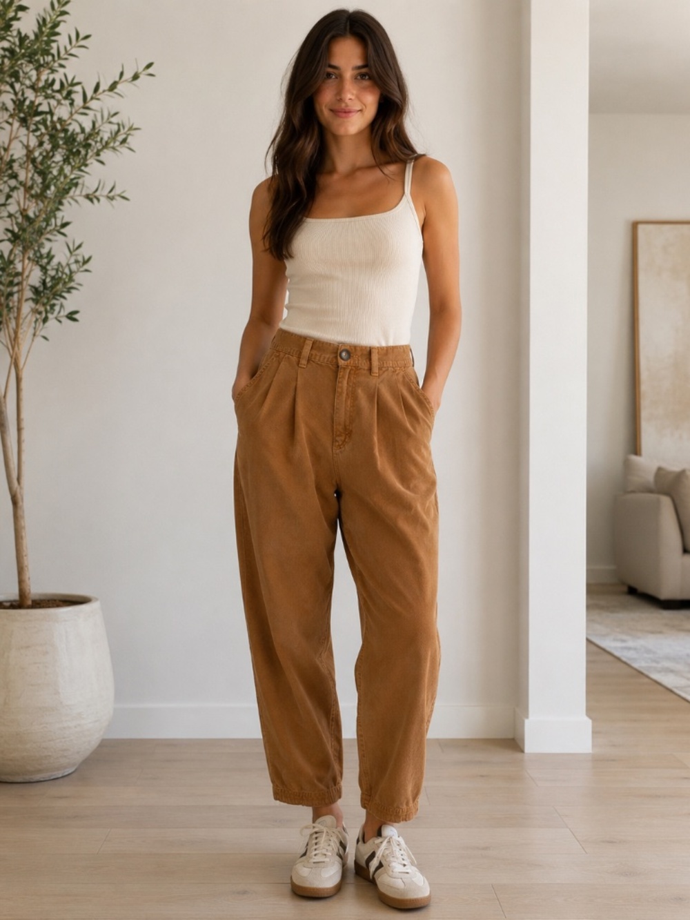 Free People Relaxed Pleated Front Chino Pants Size 0 Brown Cotton Boho
